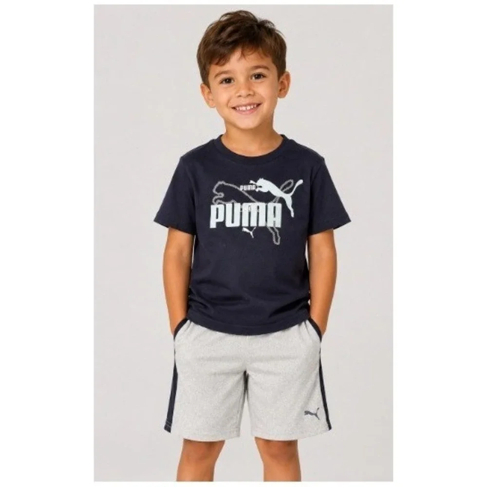 Puma Boys 2 Piece Outfit Navy Blue Graphic T-Shirt Heather Gray Shorts Size 6